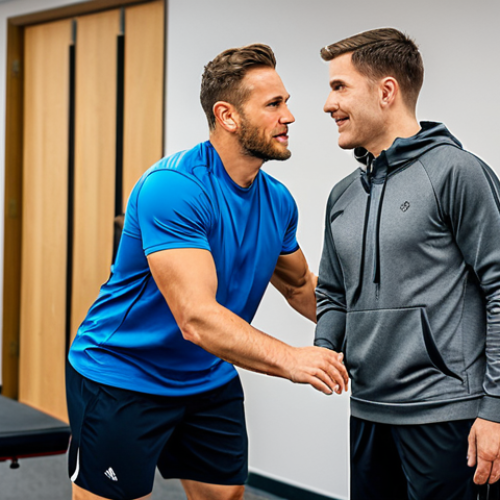 Home 11 A compassionate professional sports rehabilitation specialist, fully clothed in modest professional attire, engages in a one-on-one session with a focused male athlete wearing appropriate athletic wear. They are in a bright, modern rehabilitation clinic with natural lighting. The specialist is offering encouraging guidance and empathetic support, building trust, while the athlete listens attentively, demonstrating mental resilience and determination. Both subjects have perfect anatomy and correct proportions, in natural poses, with well-formed hands and proper finger count. The scene evokes genuine human connection and support, safe for work, appropriate content, fully clothed, family-friendly, professional photography, ultra-detailed, high-quality.