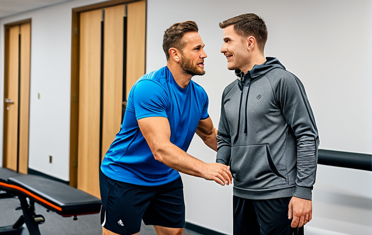 A compassionate professional sports rehabilitation specialist, fully clothed in modest professional attire, engages in a one-on-one session with a focused male athlete wearing appropriate athletic wear. They are in a bright, modern rehabilitation clinic with natural lighting. The specialist is offering encouraging guidance and empathetic support, building trust, while the athlete listens attentively, demonstrating mental resilience and determination. Both subjects have perfect anatomy and correct proportions, in natural poses, with well-formed hands and proper finger count. The scene evokes genuine human connection and support, safe for work, appropriate content, fully clothed, family-friendly, professional photography, ultra-detailed, high-quality.
