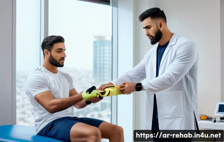 스포츠재활사 취업 공고 해석법 - A professional Middle Eastern male physical therapist wearing a clean white medical coat and sportsw...