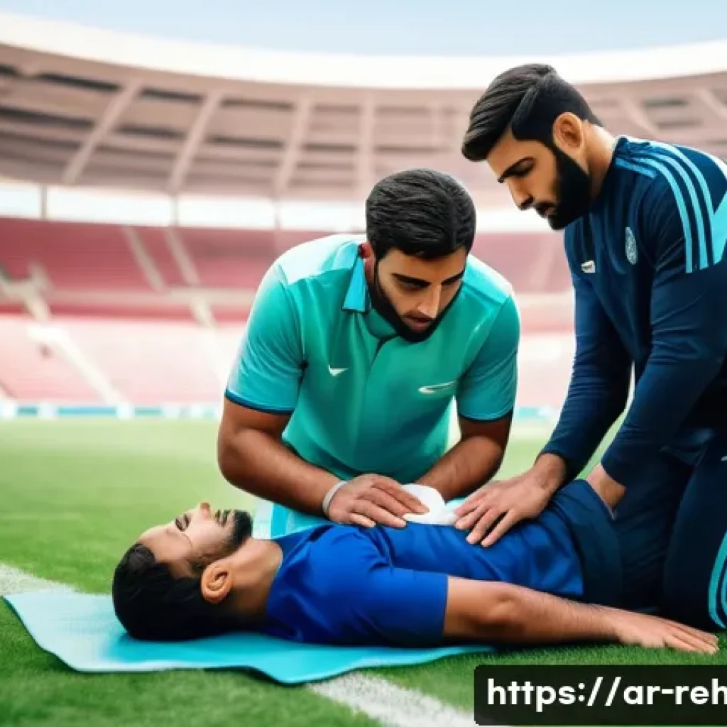 스포츠재활사의 실전 처치 사례 - A detailed sports rehabilitation scene set in a Middle Eastern football stadium during daytime, show...