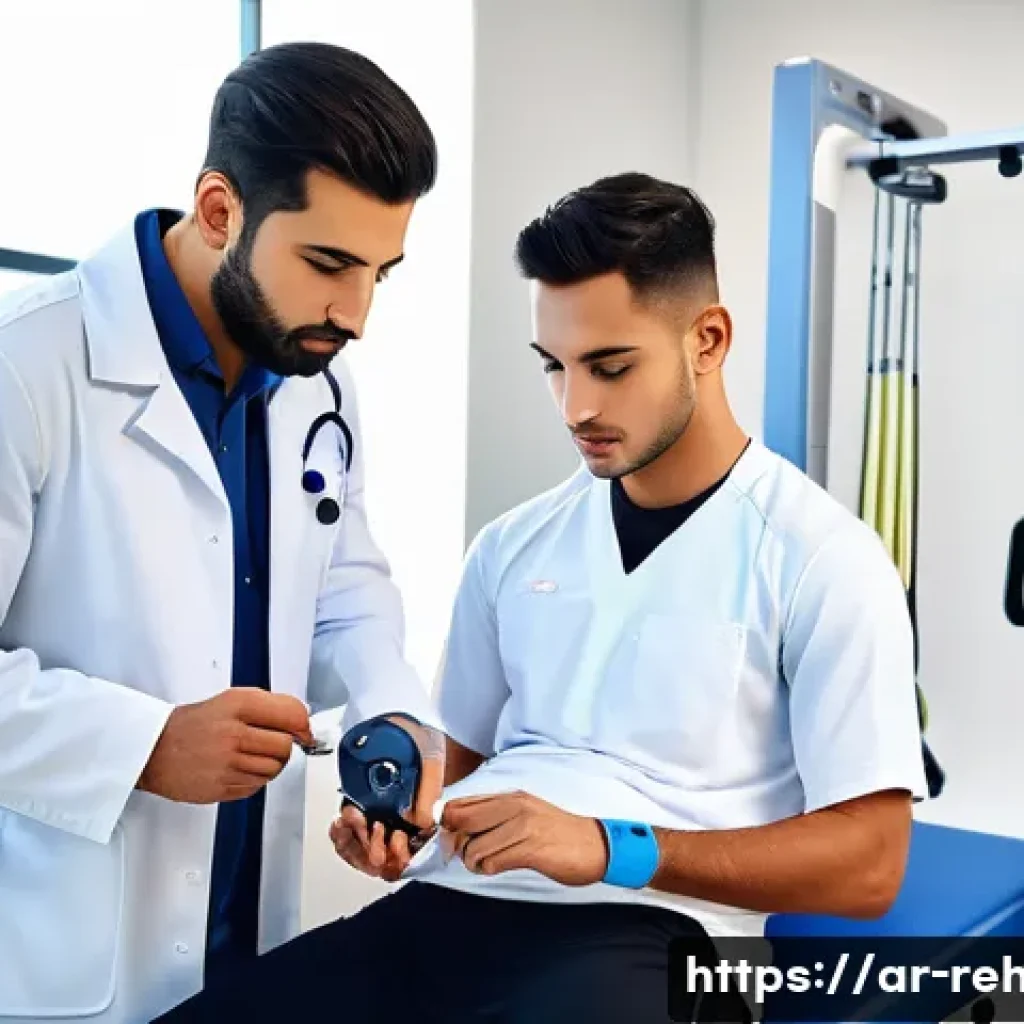 스포츠재활사의 전문 인증제도 - A professional Arab male sports rehabilitation specialist in a modern clinic setting, wearing profes...