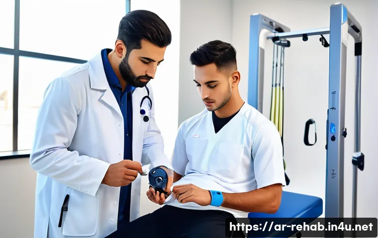 스포츠재활사의 전문 인증제도 - A professional Arab male sports rehabilitation specialist in a modern clinic setting, wearing profes...