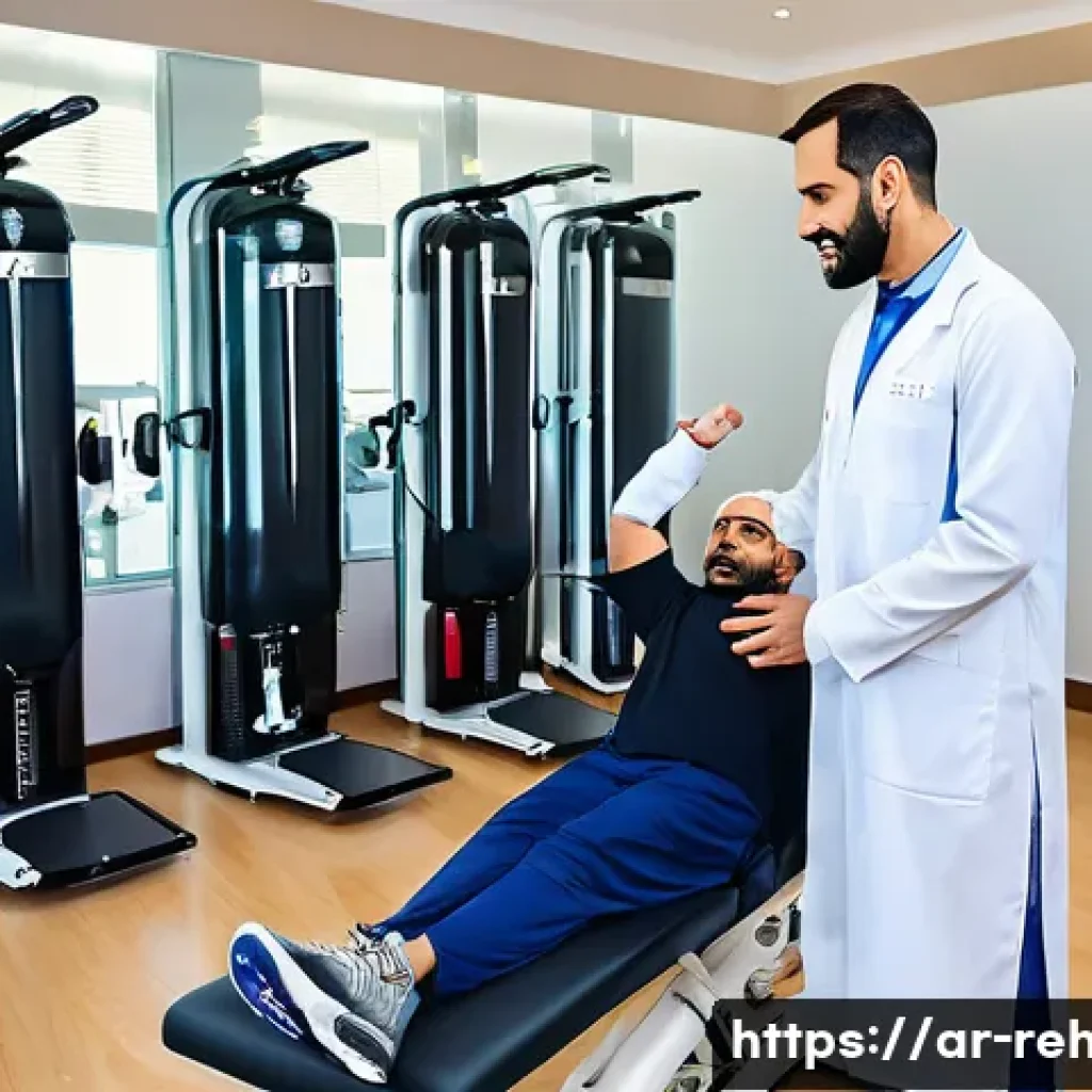 스포츠재활사 근무 환경 장단점 - A professional Arabic male sports rehabilitation specialist in a modern clinic setting, wearing appr...