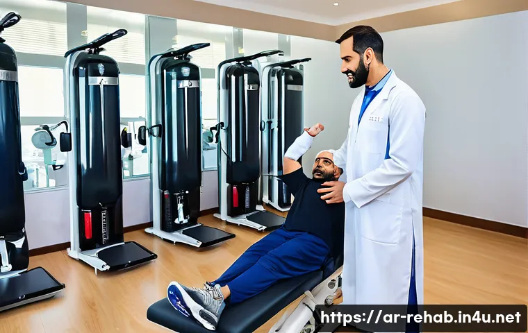 스포츠재활사 근무 환경 장단점 - A professional Arabic male sports rehabilitation specialist in a modern clinic setting, wearing appr...