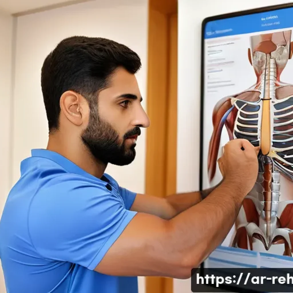 스포츠재활사의 스트레칭 지도법 - A professional Arab male physiotherapist in a modern rehabilitation clinic, carefully assessing the ...