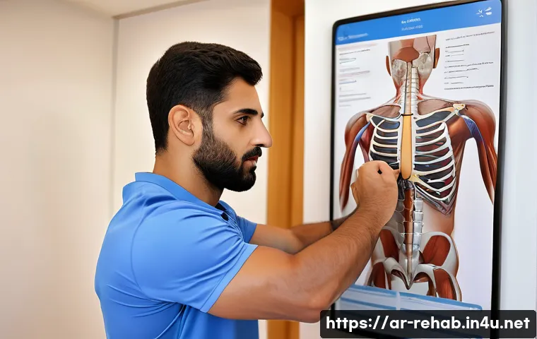 스포츠재활사의 스트레칭 지도법 - A professional Arab male physiotherapist in a modern rehabilitation clinic, carefully assessing the ...