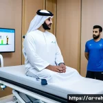 스포츠재활사의 전문 클리닉 탐방 후기 - A modern sports rehabilitation clinic scene in Riyadh, featuring advanced medical devices like laser...