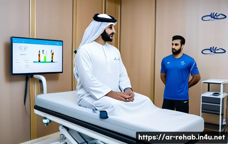스포츠재활사의 전문 클리닉 탐방 후기 - A modern sports rehabilitation clinic scene in Riyadh, featuring advanced medical devices like laser...