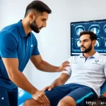 스포츠재활사 강사 활동 방법 - A professional Arab male sports rehabilitation trainer in a modern clinic setting, wearing a branded...