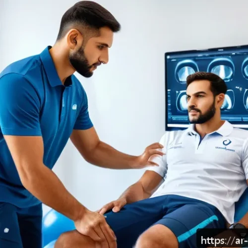 스포츠재활사 강사 활동 방법 - A professional Arab male sports rehabilitation trainer in a modern clinic setting, wearing a branded...