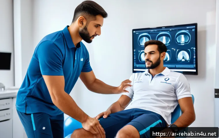 스포츠재활사 강사 활동 방법 - A professional Arab male sports rehabilitation trainer in a modern clinic setting, wearing a branded...