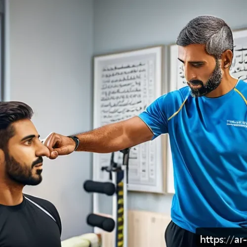 스포츠재활사 포트폴리오 작성법 - A professional sports rehabilitation therapist in a modern clinic setting, wearing neat athletic att...