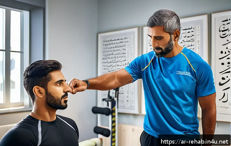 스포츠재활사 포트폴리오 작성법 - A professional sports rehabilitation therapist in a modern clinic setting, wearing neat athletic att...