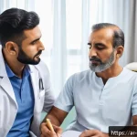 스포츠재활사로 일하며 얻은 교훈 - A professional Arabic male physical therapist in a modern rehabilitation clinic, attentively listeni...