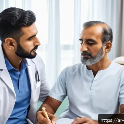 스포츠재활사로 일하며 얻은 교훈 - A professional Arabic male physical therapist in a modern rehabilitation clinic, attentively listeni...