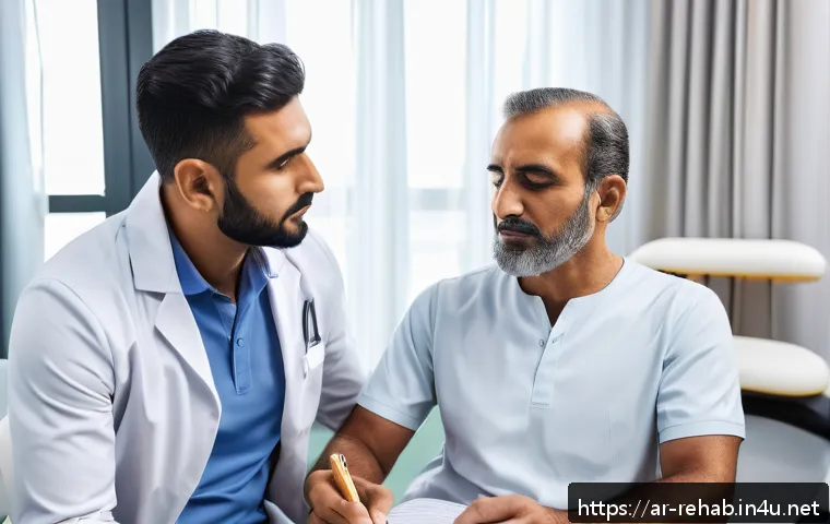 스포츠재활사로 일하며 얻은 교훈 - A professional Arabic male physical therapist in a modern rehabilitation clinic, attentively listeni...
