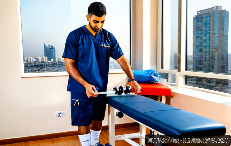 스포츠재활사 업무 사례 분석 - Photorealistic sports rehabilitation clinic in a modern Gulf Arab city, an Arab male sports rehabili...