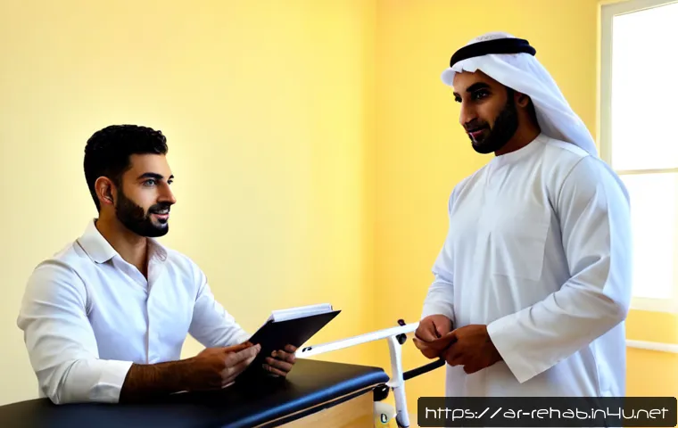 스포츠재활사 인터뷰 후기 - Photorealistic sports rehabilitation therapist interview scene in a modern Middle Eastern physiother...
