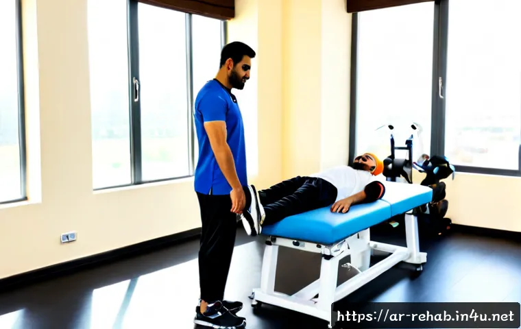 스포츠재활사의 세부 직무 소개 - Photorealistic sports rehabilitation therapist in a modern Middle Eastern clinic, assisting a modest...